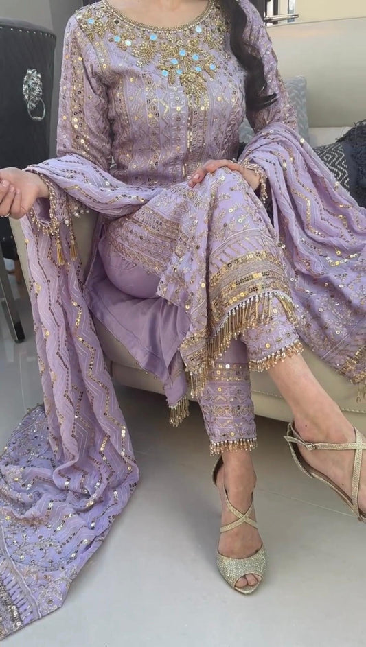 Lavender Embroidered georgette suit with mirror embroidery and moti latkan