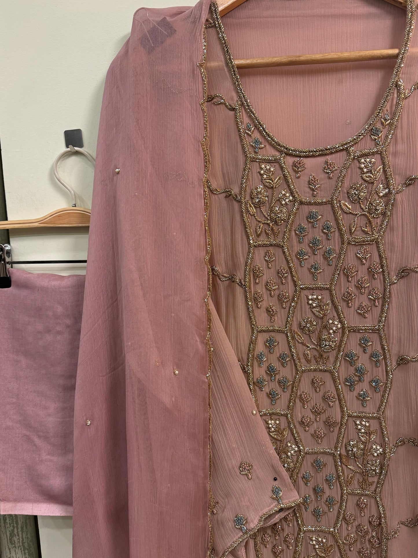 Premium chiffon handwork semi-stitched suit-mauve