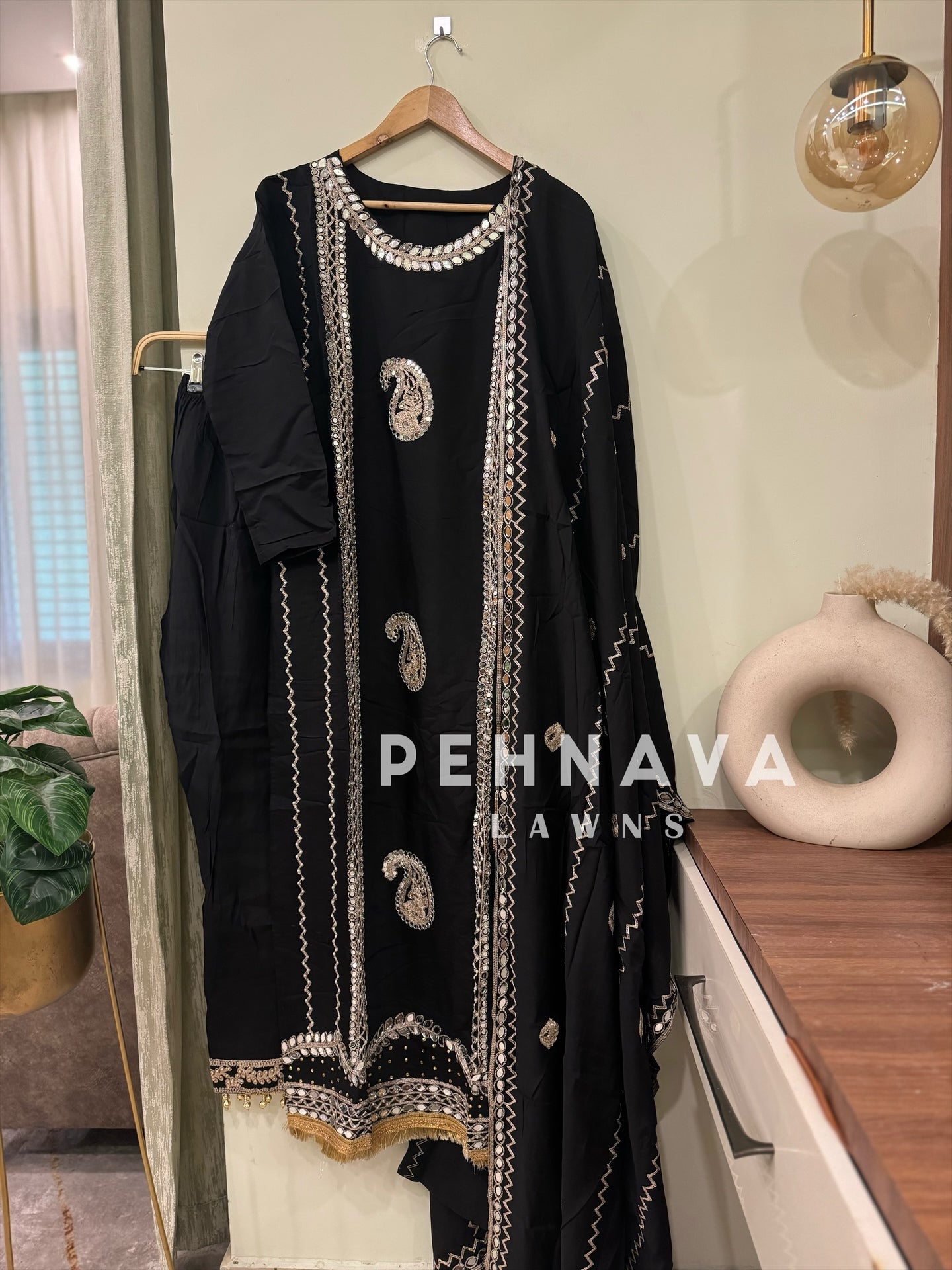 Designer roman silk real mirror work pakistani suit