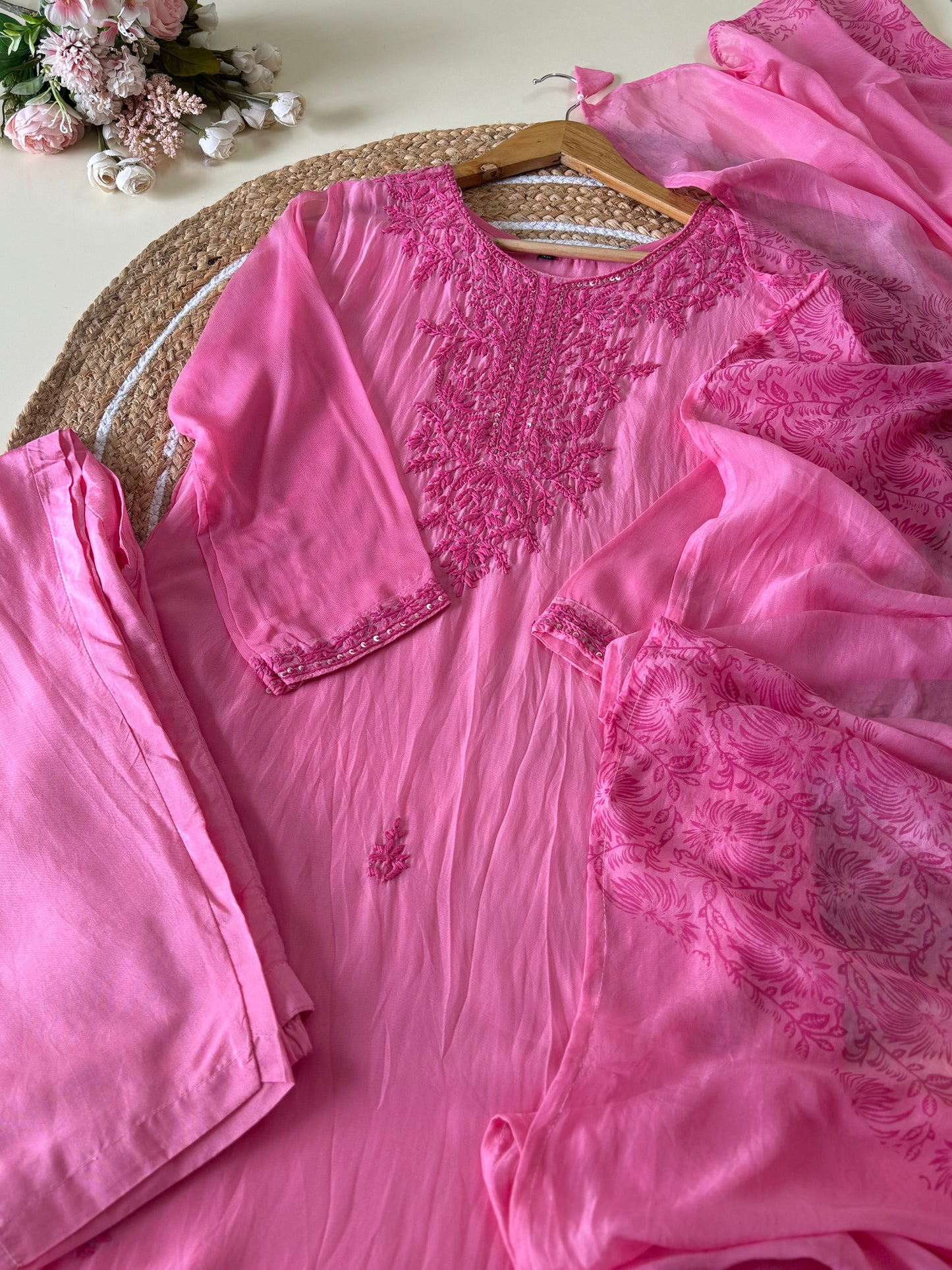 Pure viscose organza with Chikankari embroidery-pink