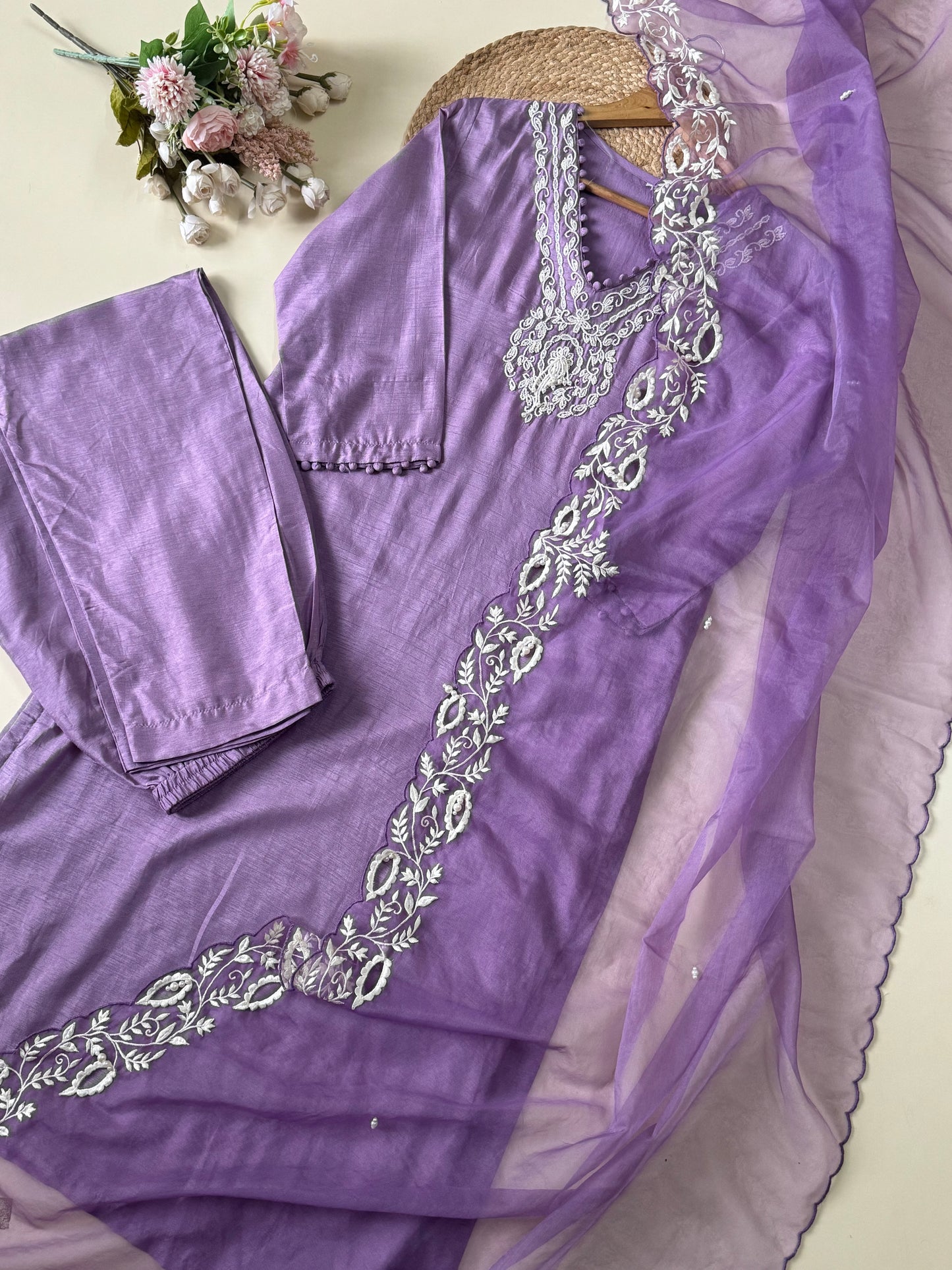 Dola silk ready to wear suit with neck detailing-color options available