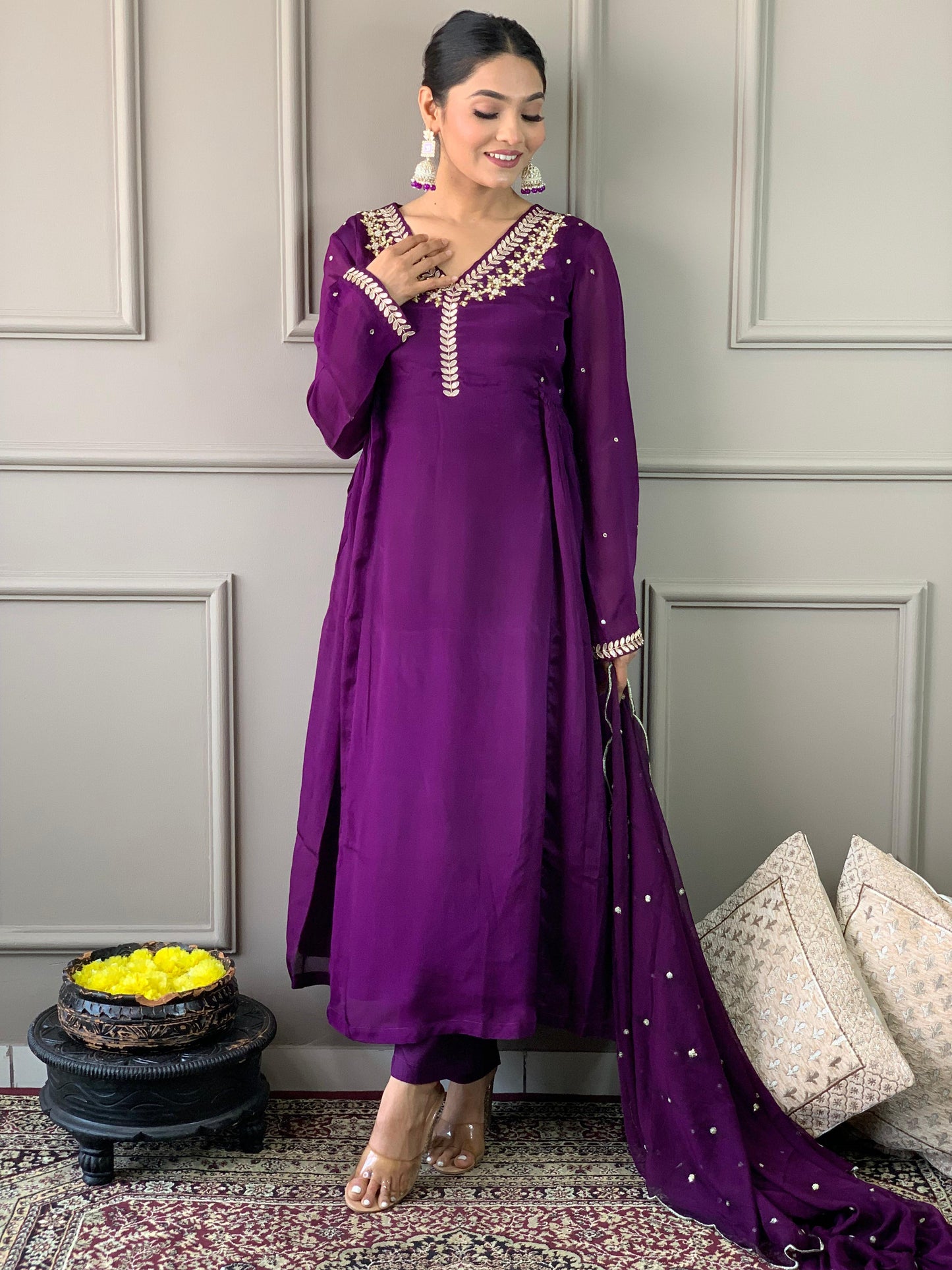 Pure chinnon stitched suit with neck detailing-purple