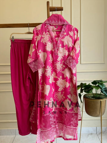 Organza Detailed Pure Muslin Suit- Pink floral