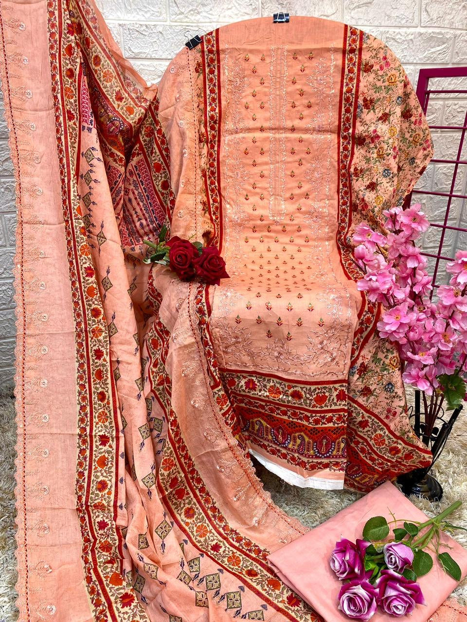 Embroidered suit with embroidered dupatta-3164