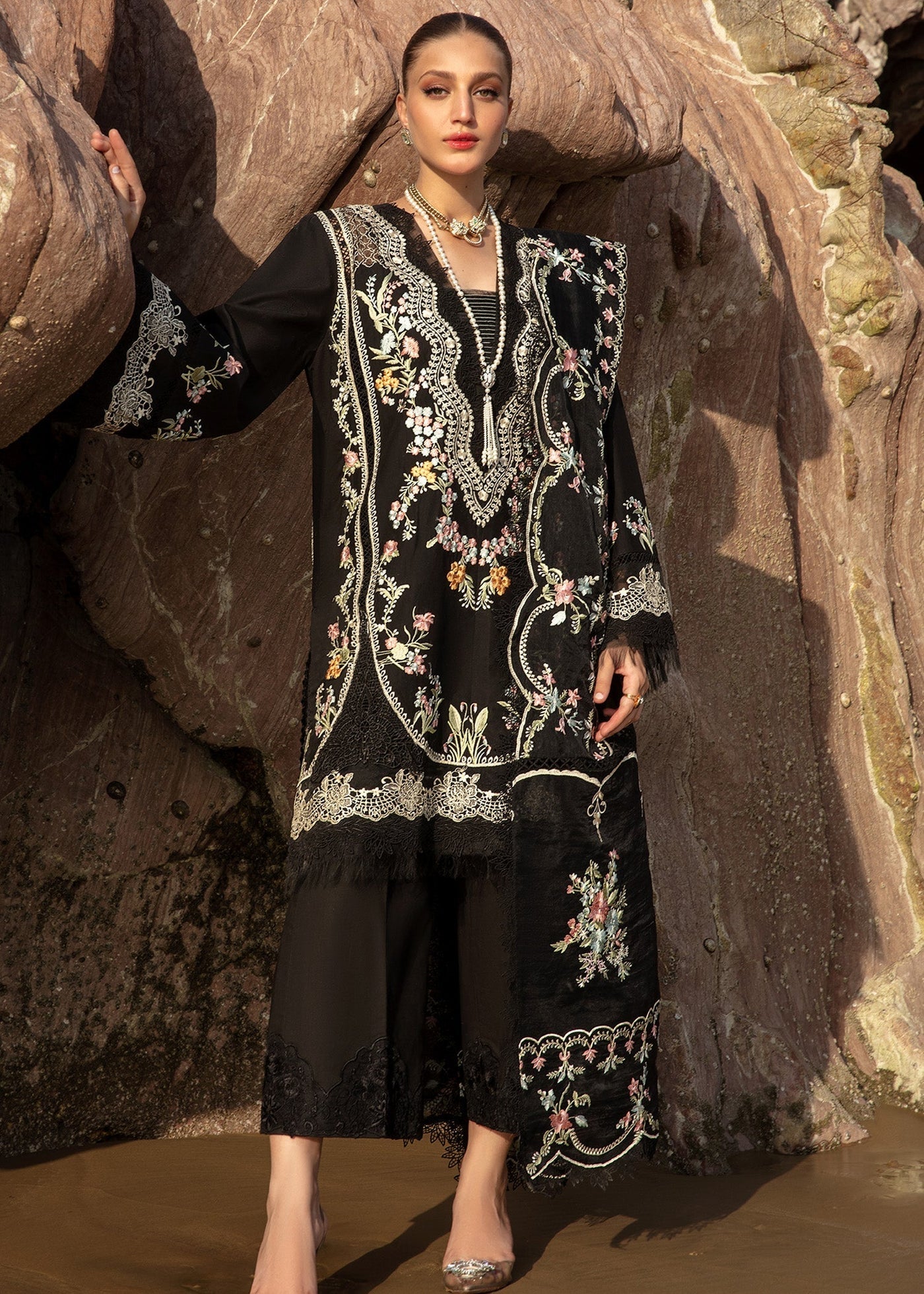 Rayon heavy embroidered semi stitch suit-black