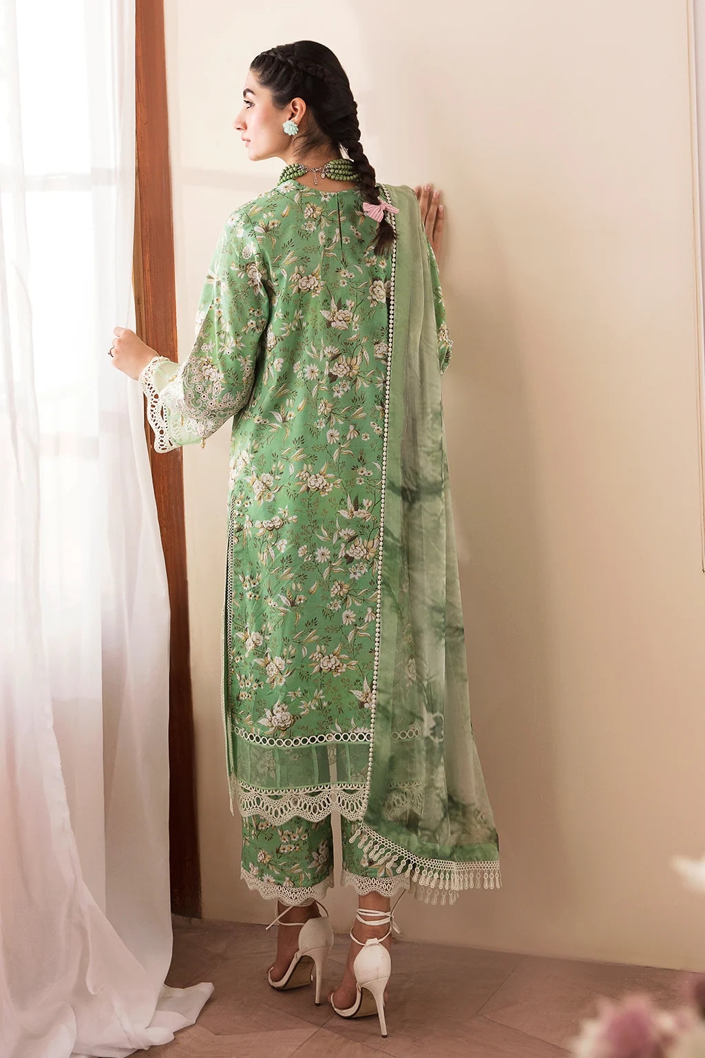 Self embroidered casual suit -green