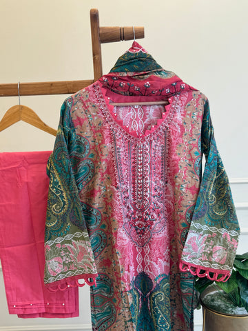 Embroidered casual suit with cotton embroidered dupatta-pink-green