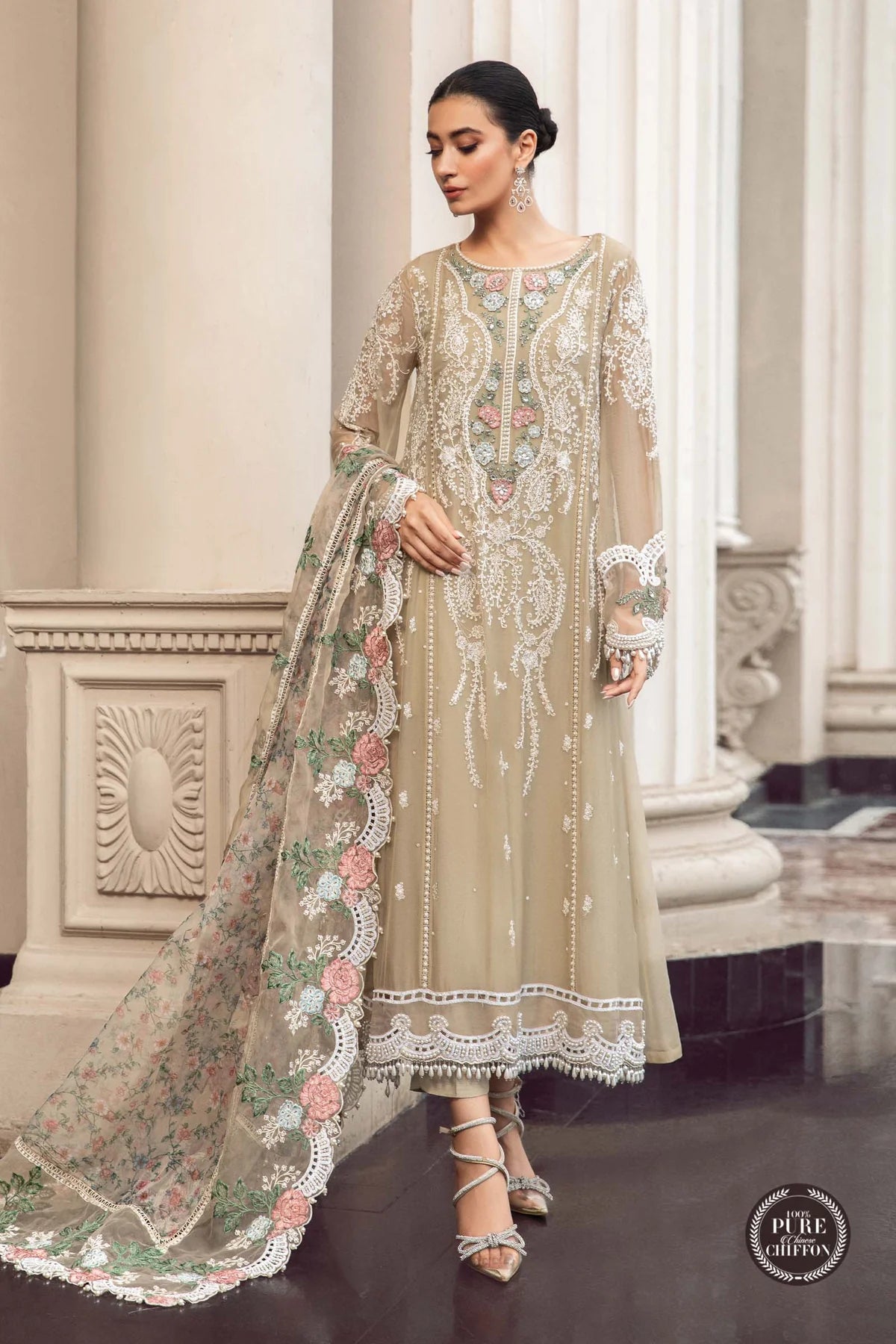 Pastel skin color semi stitchrd suit with pearls loaded-358