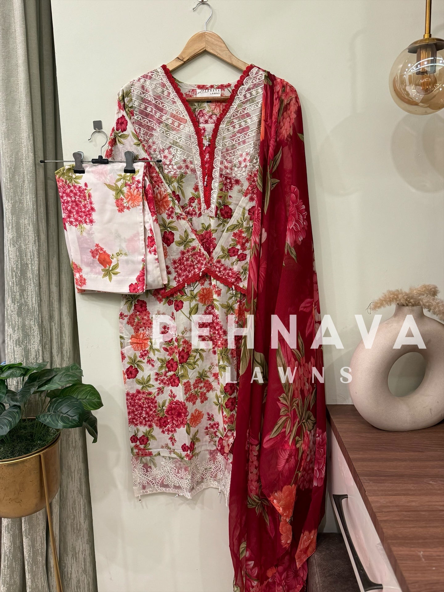 Printed casual suit with chiffon dupatta-3414