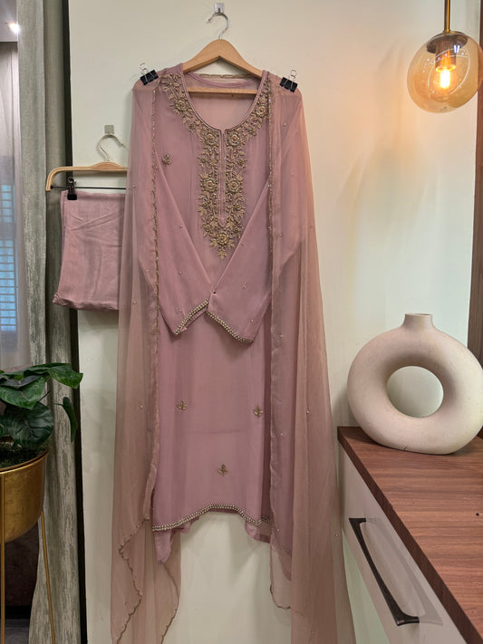 Premium Chiffon handwork suit with  bottom and chiffon scalloped dupatta