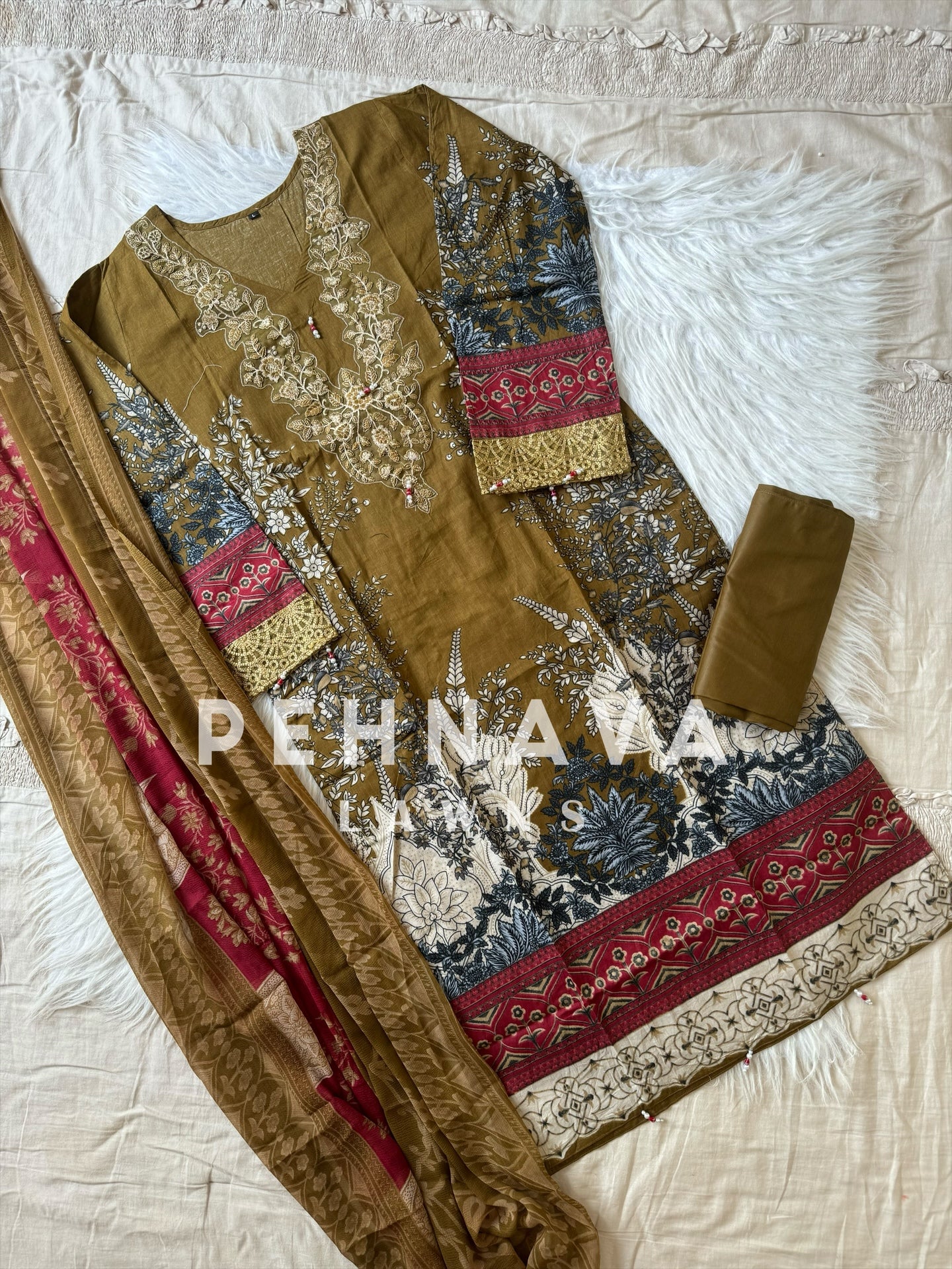 Printed cotton suit with chiffon dupatta-1004