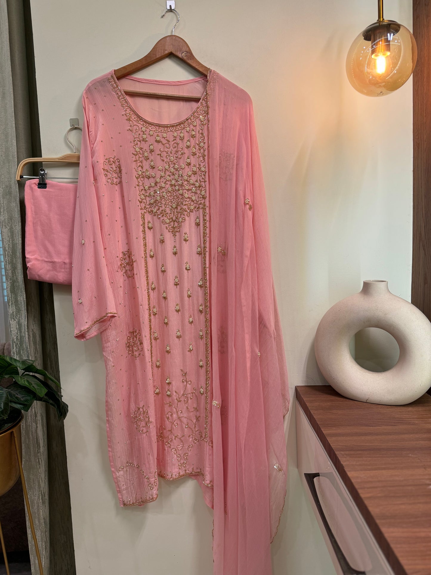 Premium chinnon handwork semi-stitched suit-pink