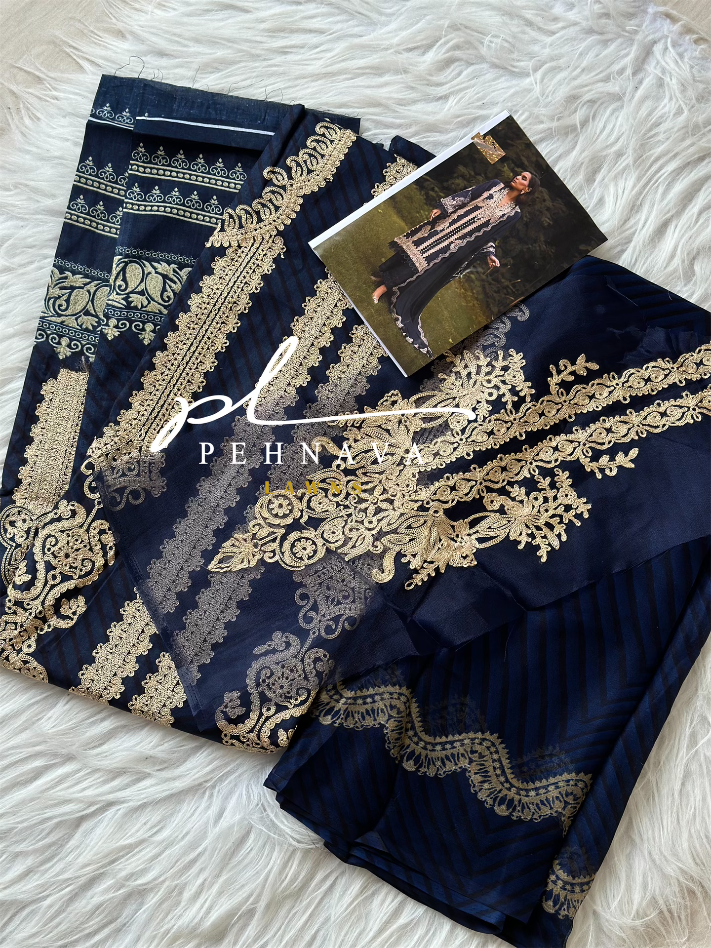 Embroidered cotton suit with chiffon dupatta - 418