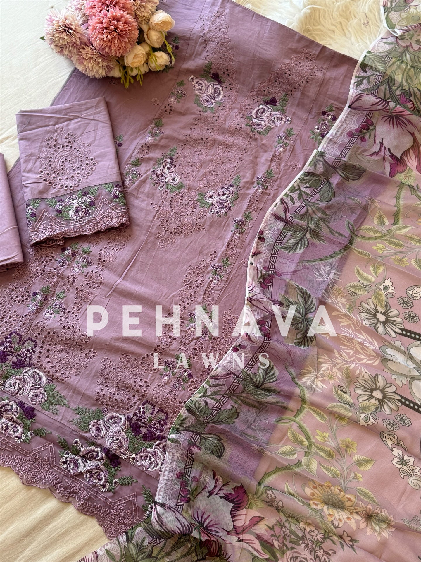 Cotton Embroidered Suit with Chiffon Dupatta-3773