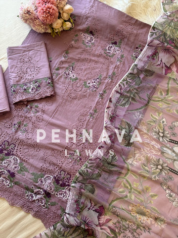 Cotton Embroidered Suit with Chiffon Dupatta-3773