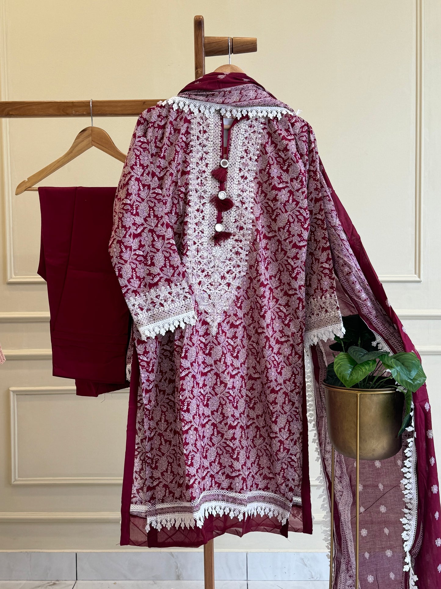 Khaadi Classic Embroidered Lawn Suit –maroon size M