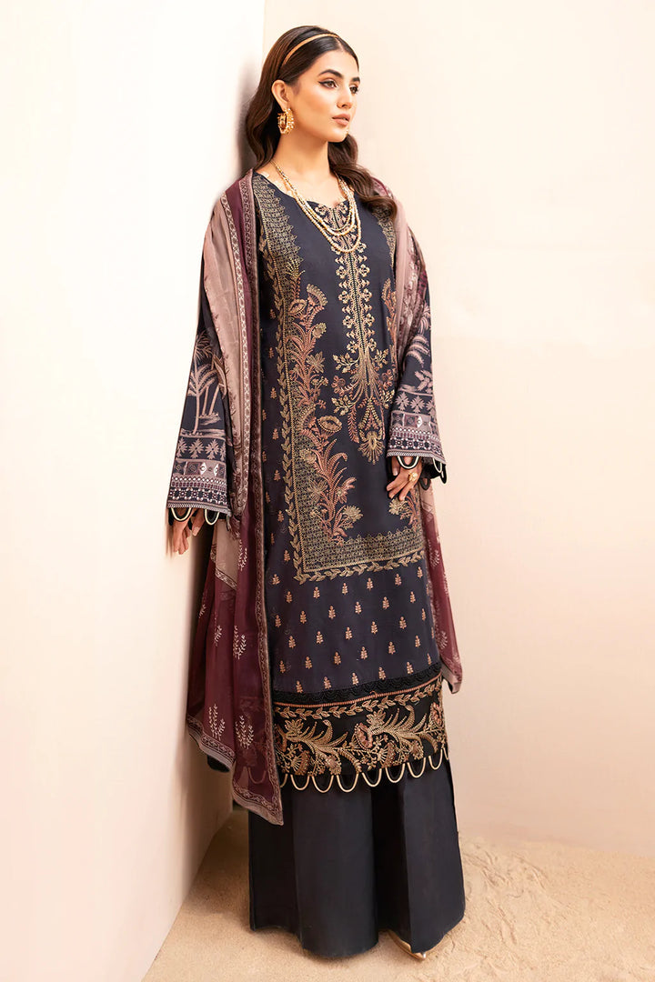 Embroidered cotton suit with chiffon dupatta - black 3374