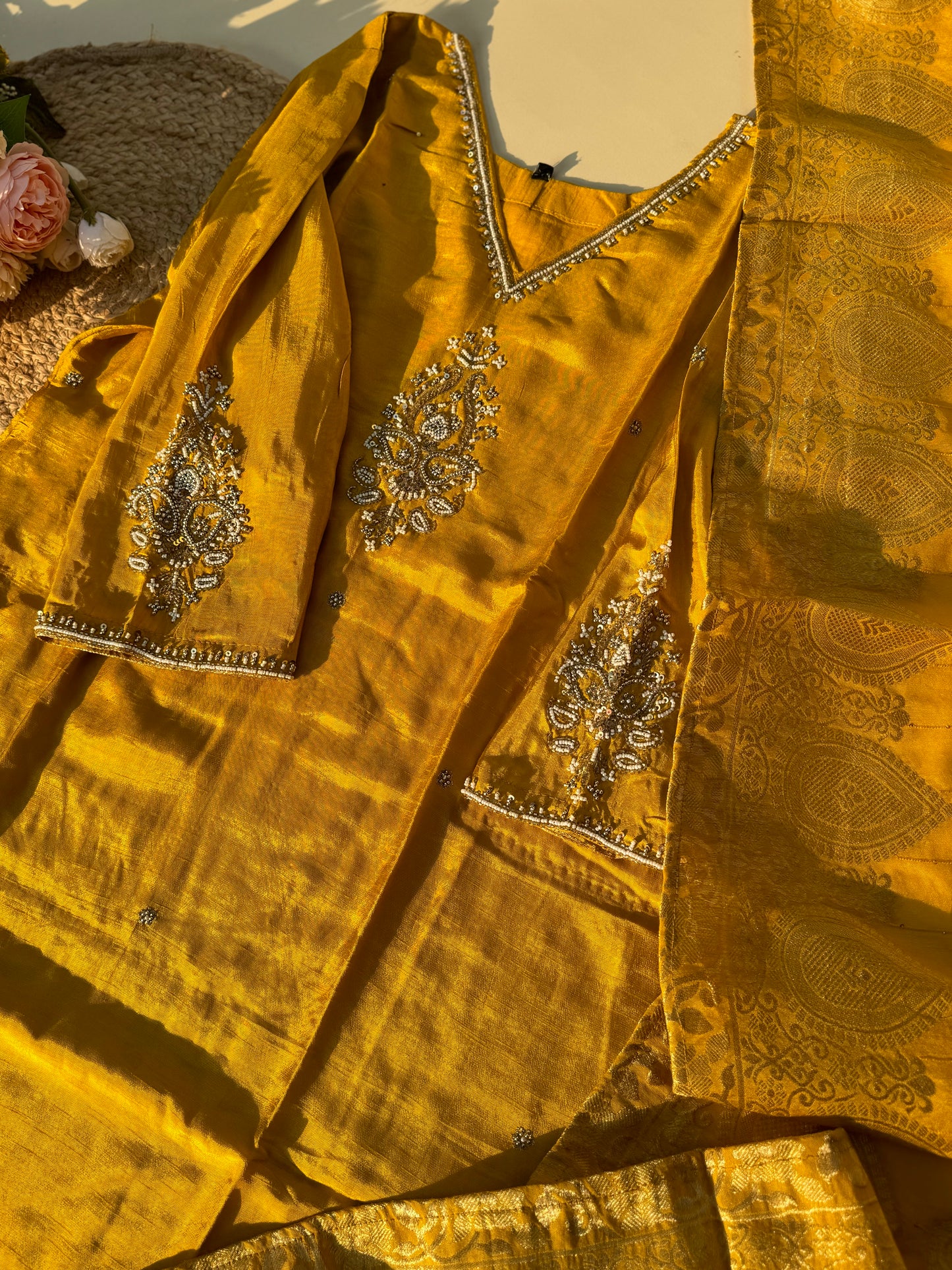 Silk stitched suit with neck detailing and banarsi woven dupatta