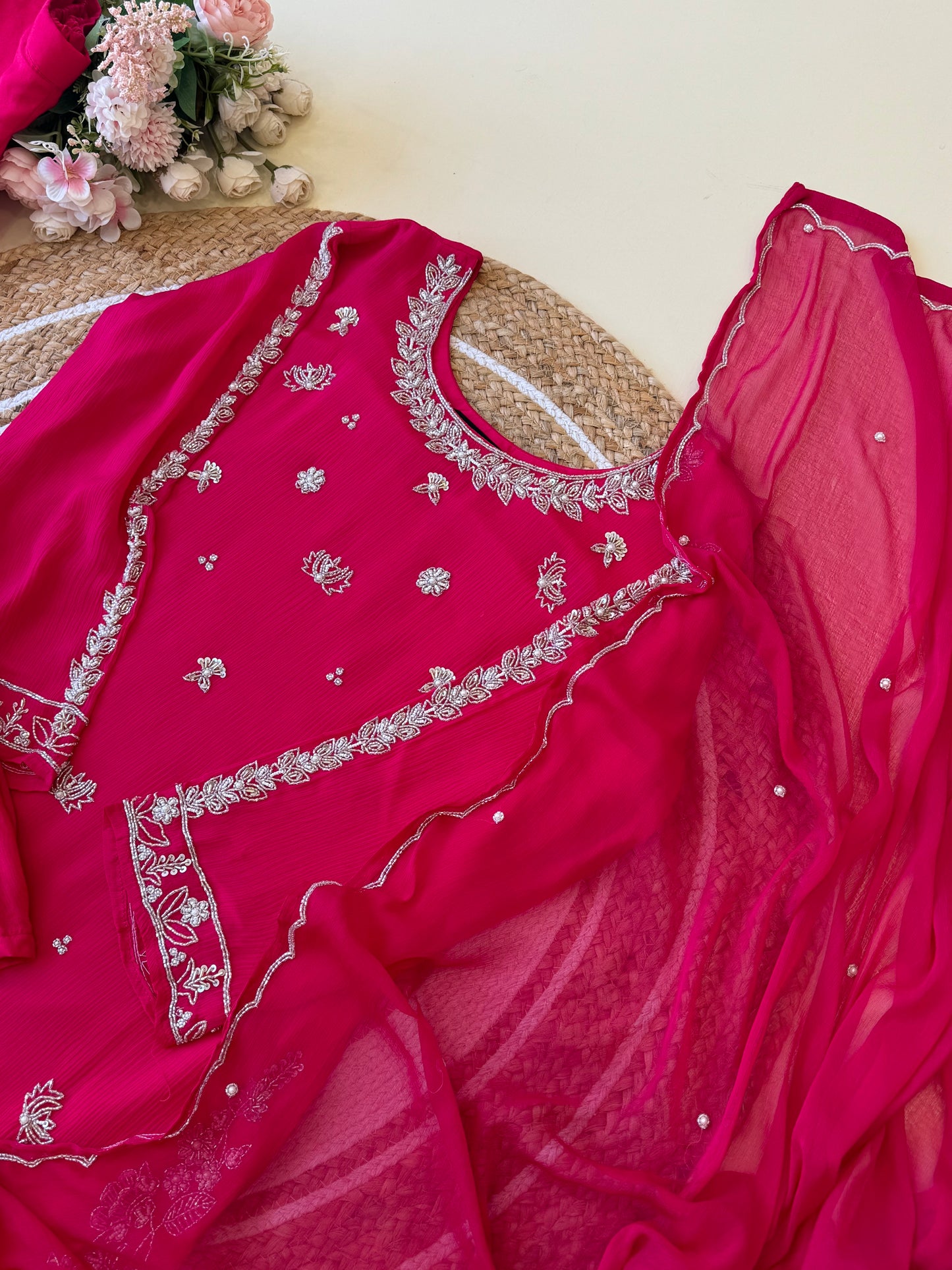 chinnon stitched suit with hand work detailings-hot pink