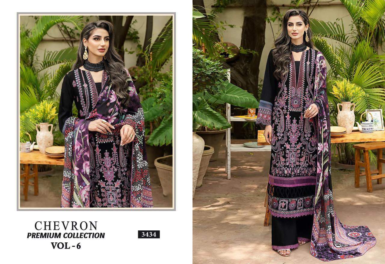 Embroidered cotton suit with chiffon dupatta - 3434