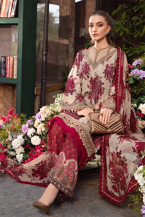 Fully embroidered floral suit with chiffon dupatta-3456