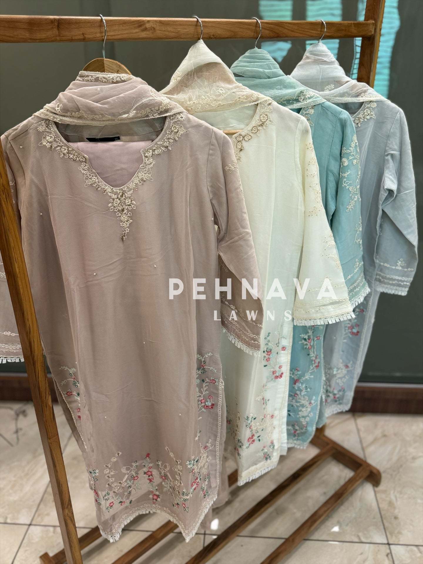 Embroidered chiffon suit with handwork detailing-1223