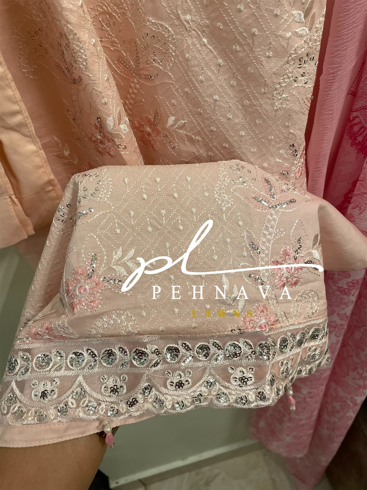 casual suit with chiffon dupatta with pearl hangings-3366