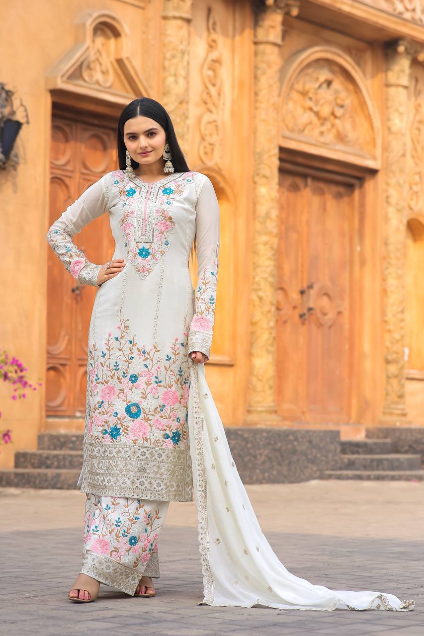 Chinnon embroidered ready to wear suit with wide palazzos-3 color options