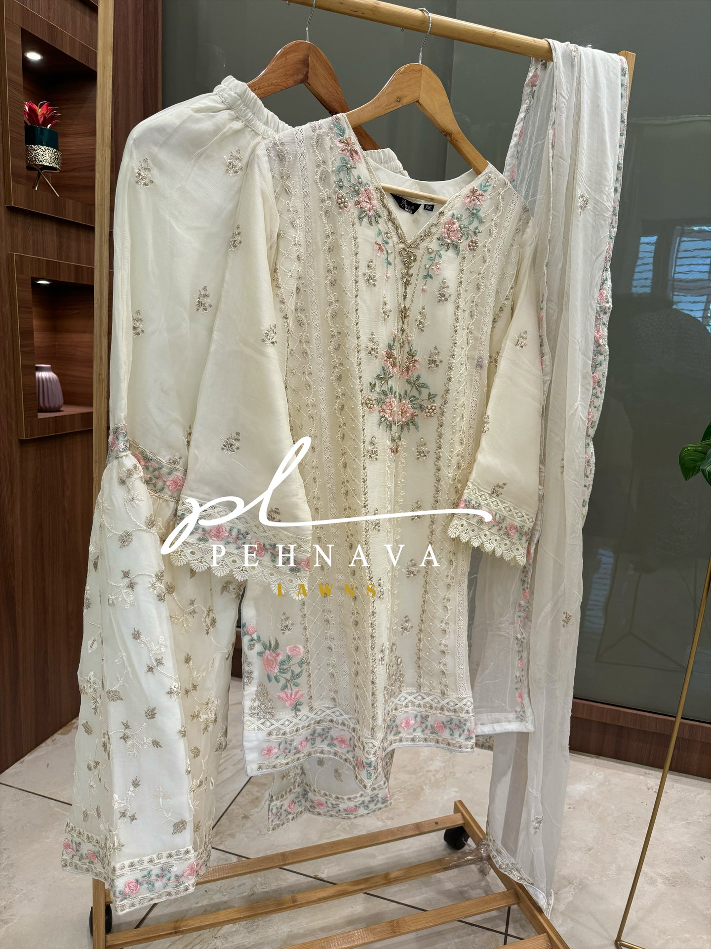 Embroidered chiffon suit with zardozi detailing-1151