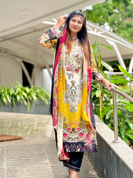 Printed yellow casual suit with chiffon dupatta - ayzel