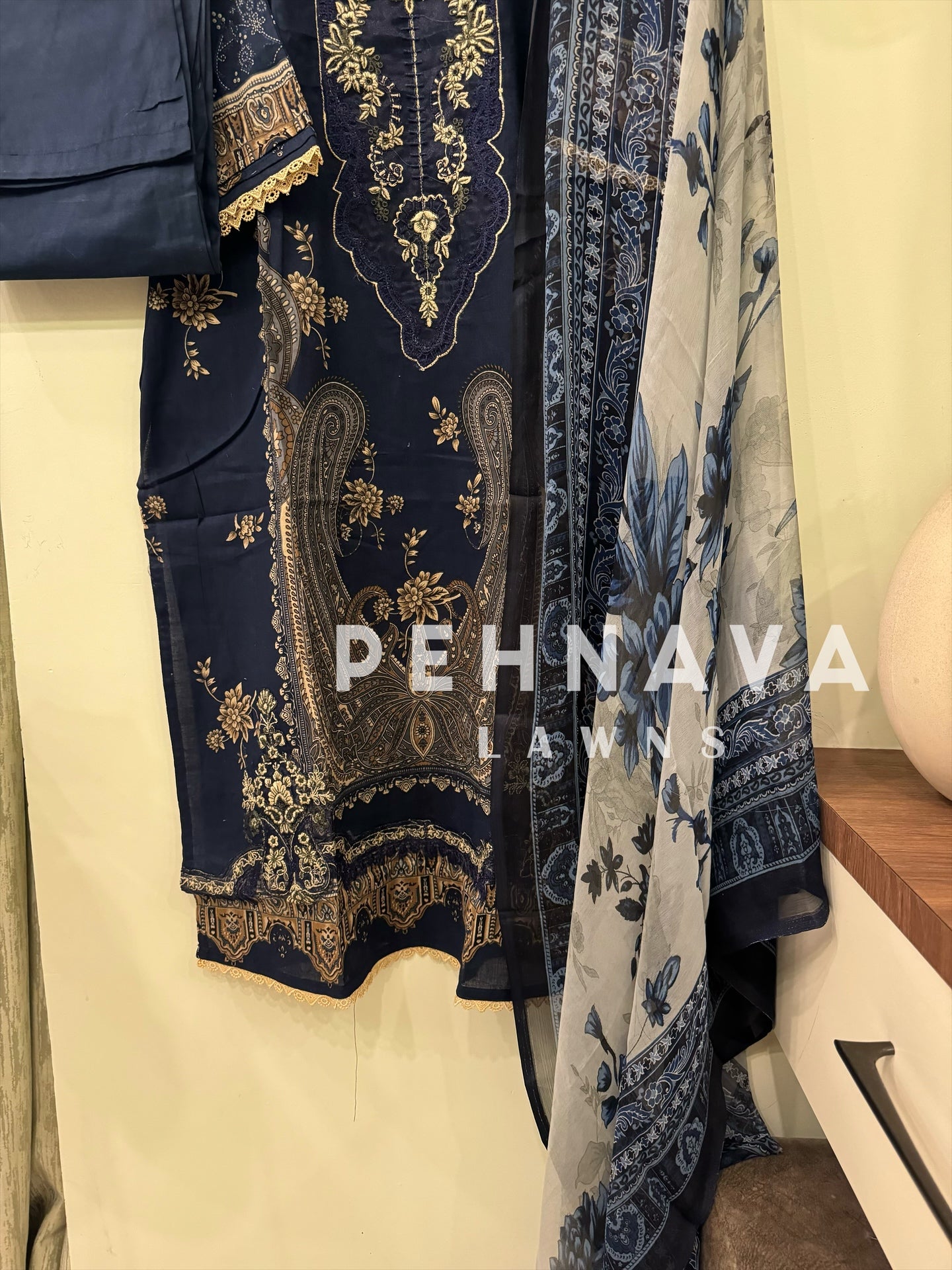 Stitched Navy blue Printed casual suit with chiffon dupatta -496