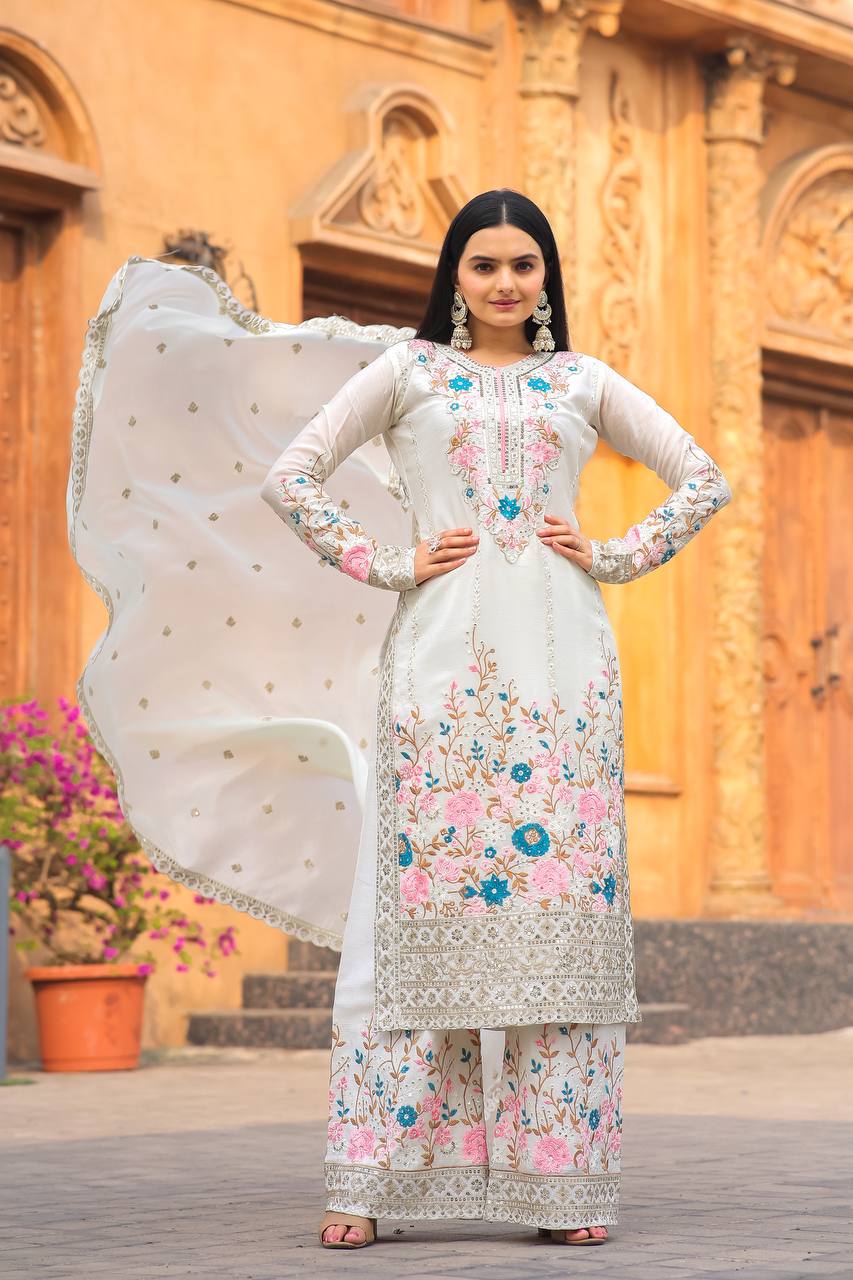 Chinnon embroidered ready to wear suit with wide palazzos-3 color options