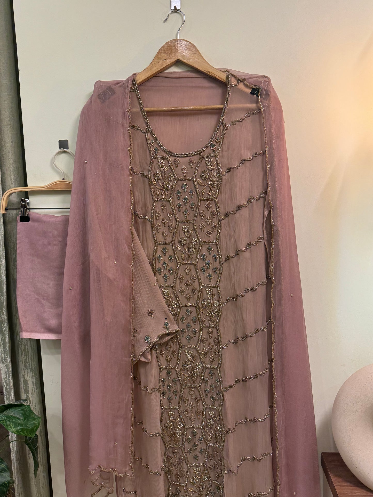 Premium chiffon handwork semi-stitched suit-mauve