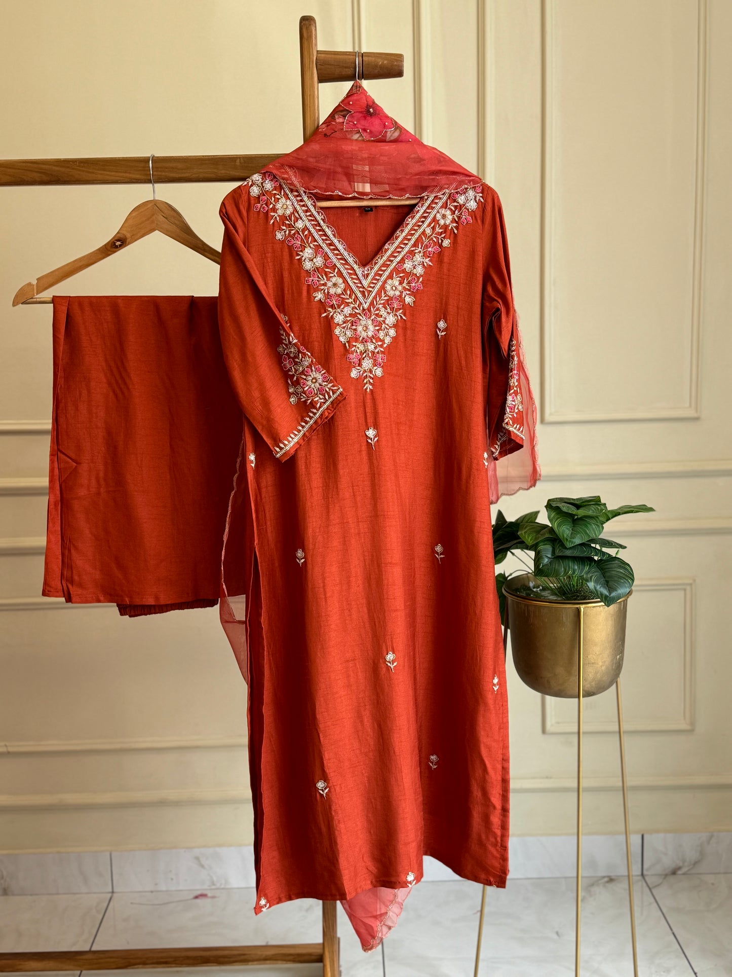 Premium russian silk  suit with  hand work detailings-orange