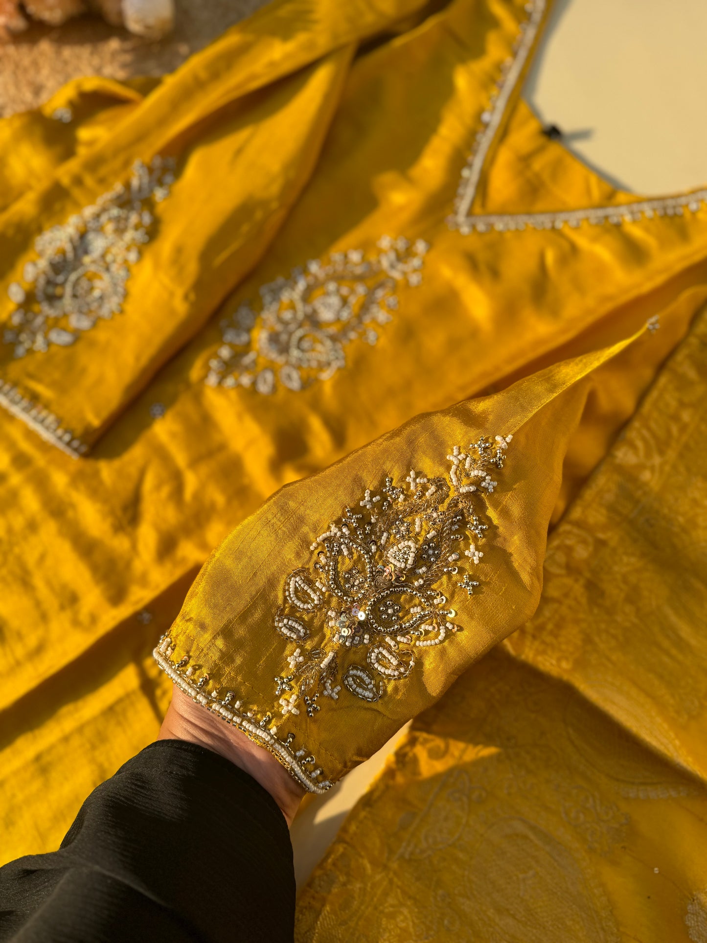 Silk stitched suit with neck detailing and banarsi woven dupatta