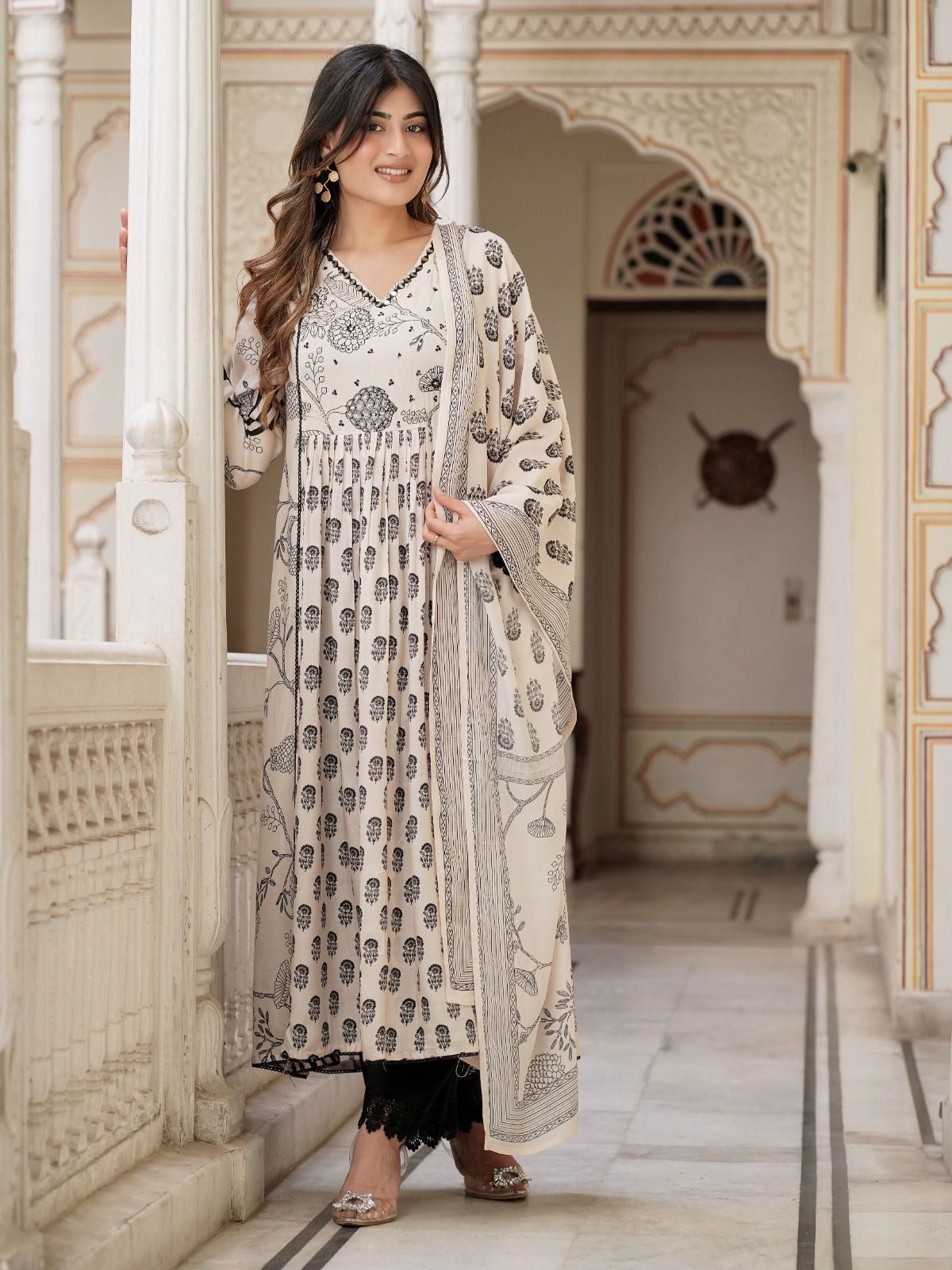 Muslin pleated anarkali suit-3861