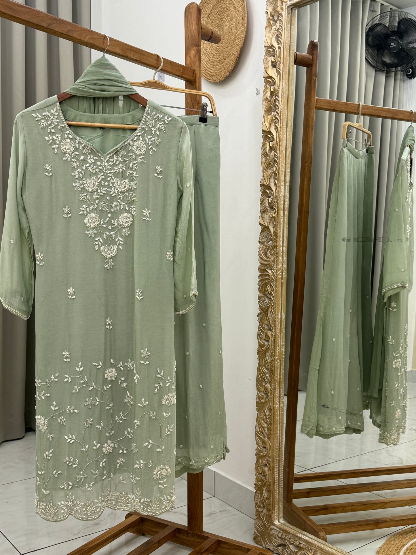 Chinnon handworked suit with embroidered wide palazzo-color options available