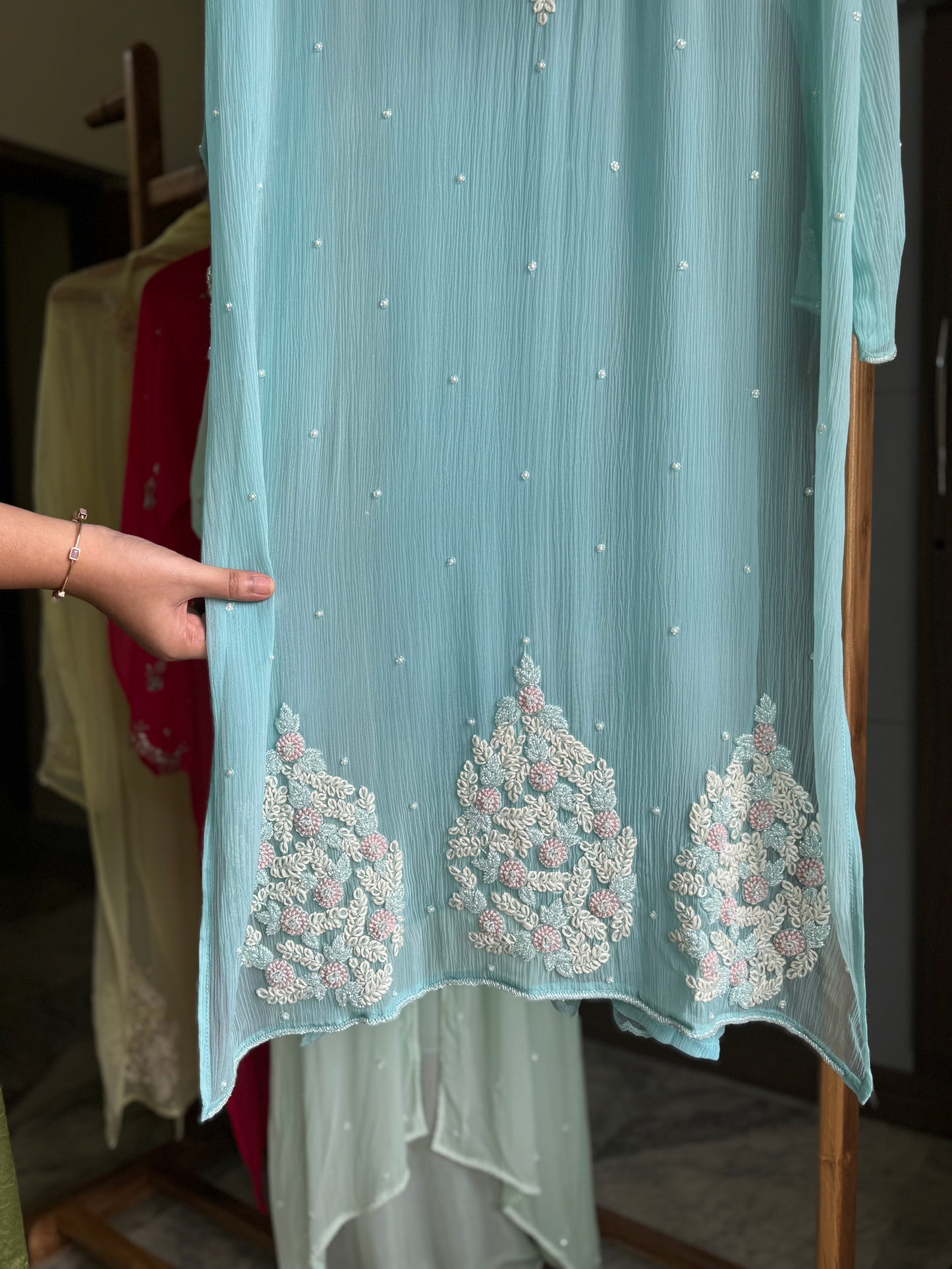 Premium chiffon handwork semi-stitched suit-blue