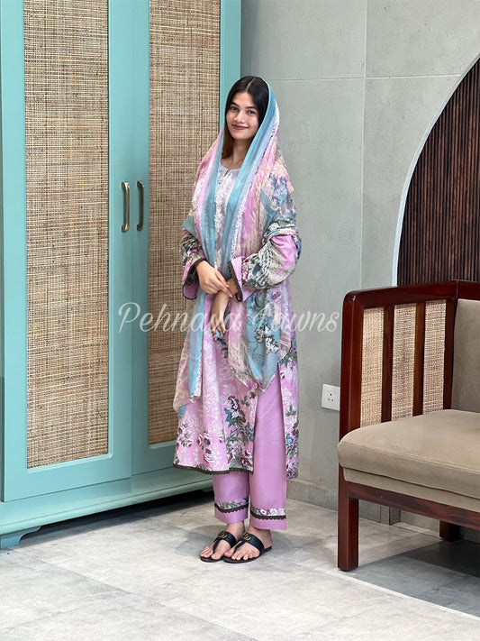 Printed casual suit with chiffon dupatta-1021 pink