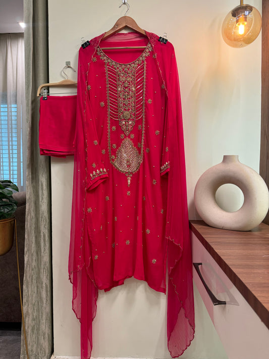 Premium chiffon handwork semi-stitched suit-hot pink