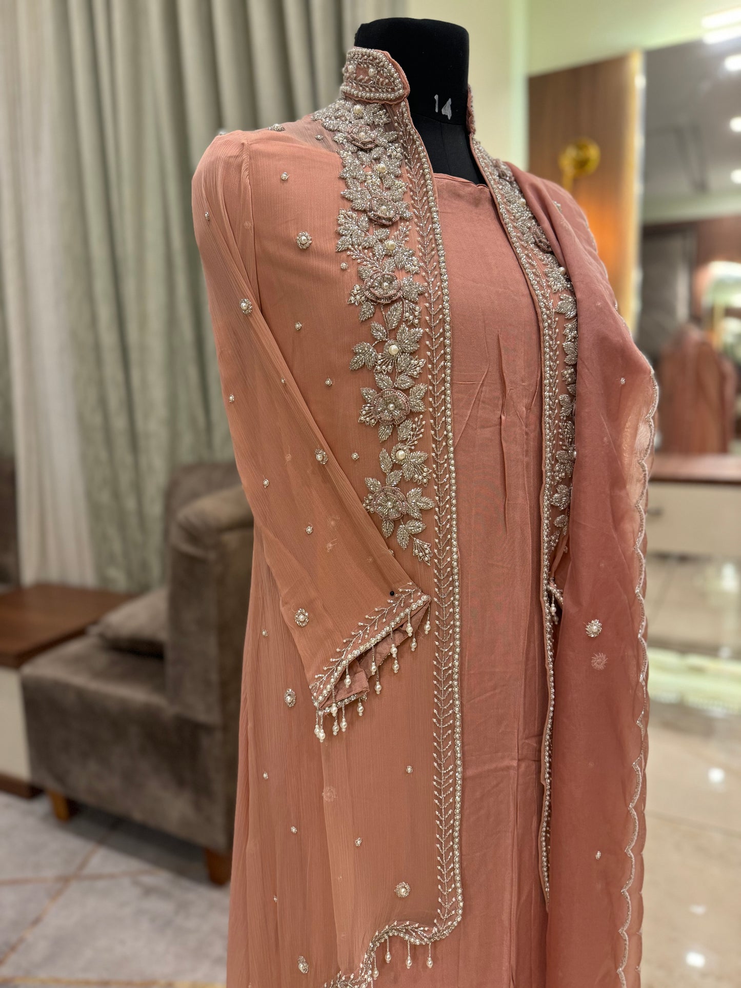 Premium Chiffon handworee jacket style with scalloped organza dupatta