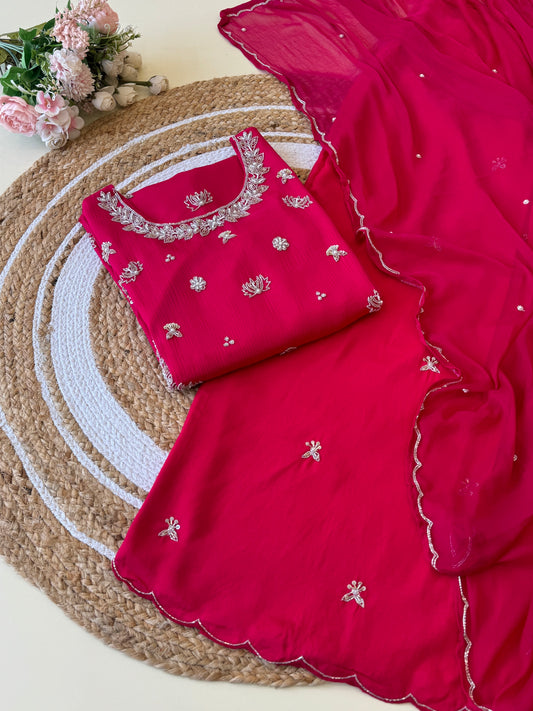 chinnon stitched suit with hand work detailings-hot pink