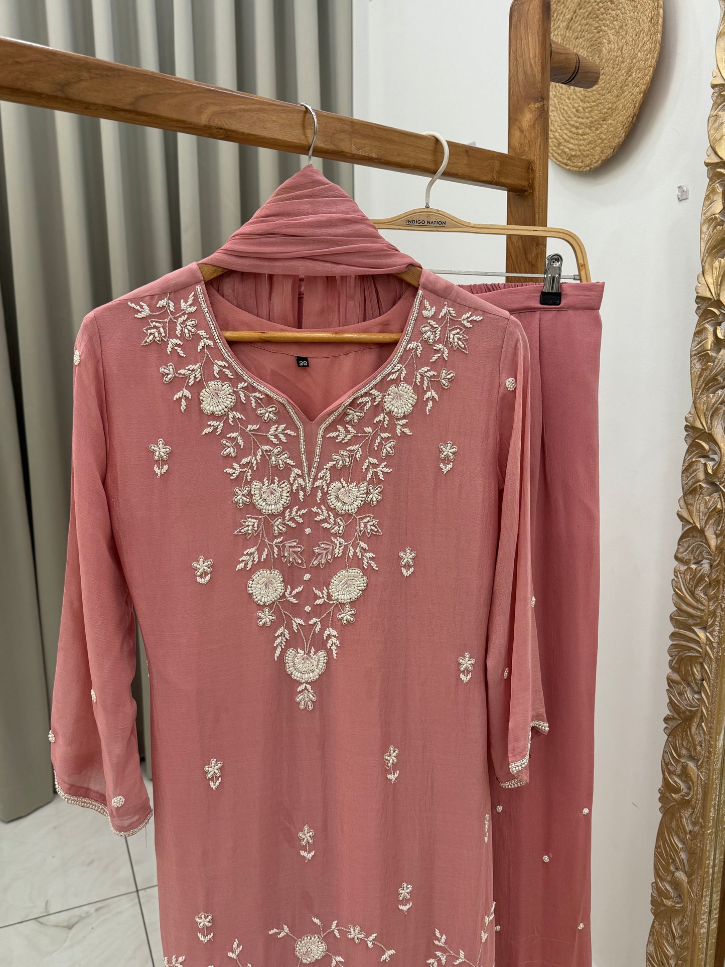 Chinnon handworked suit with embroidered wide palazzo-color options available