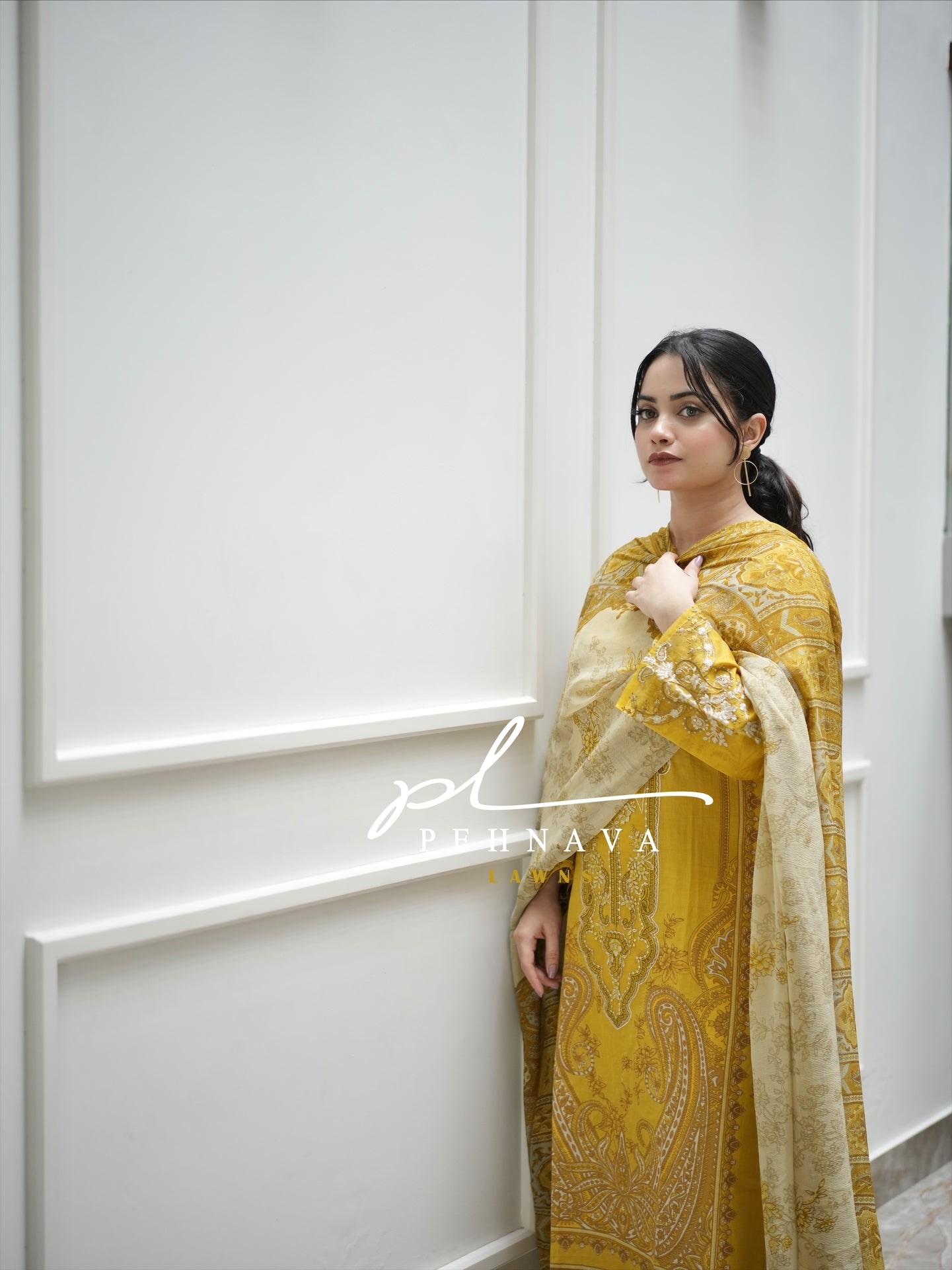 Printed yellow casual suit with chiffon dupatta-3197