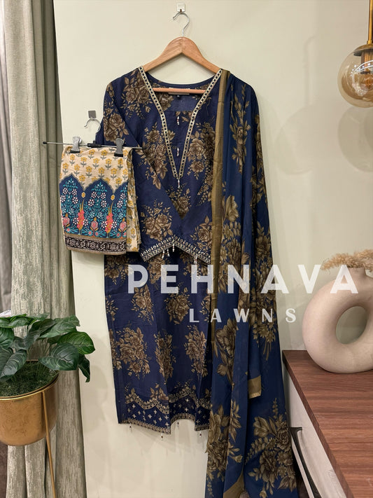 Printed casual suit with chiffon dupatta-3413