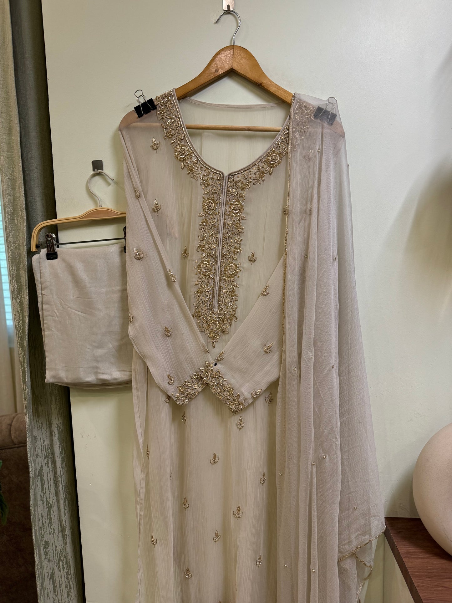 Premium chiffon handwork semi-stitched suit-silver