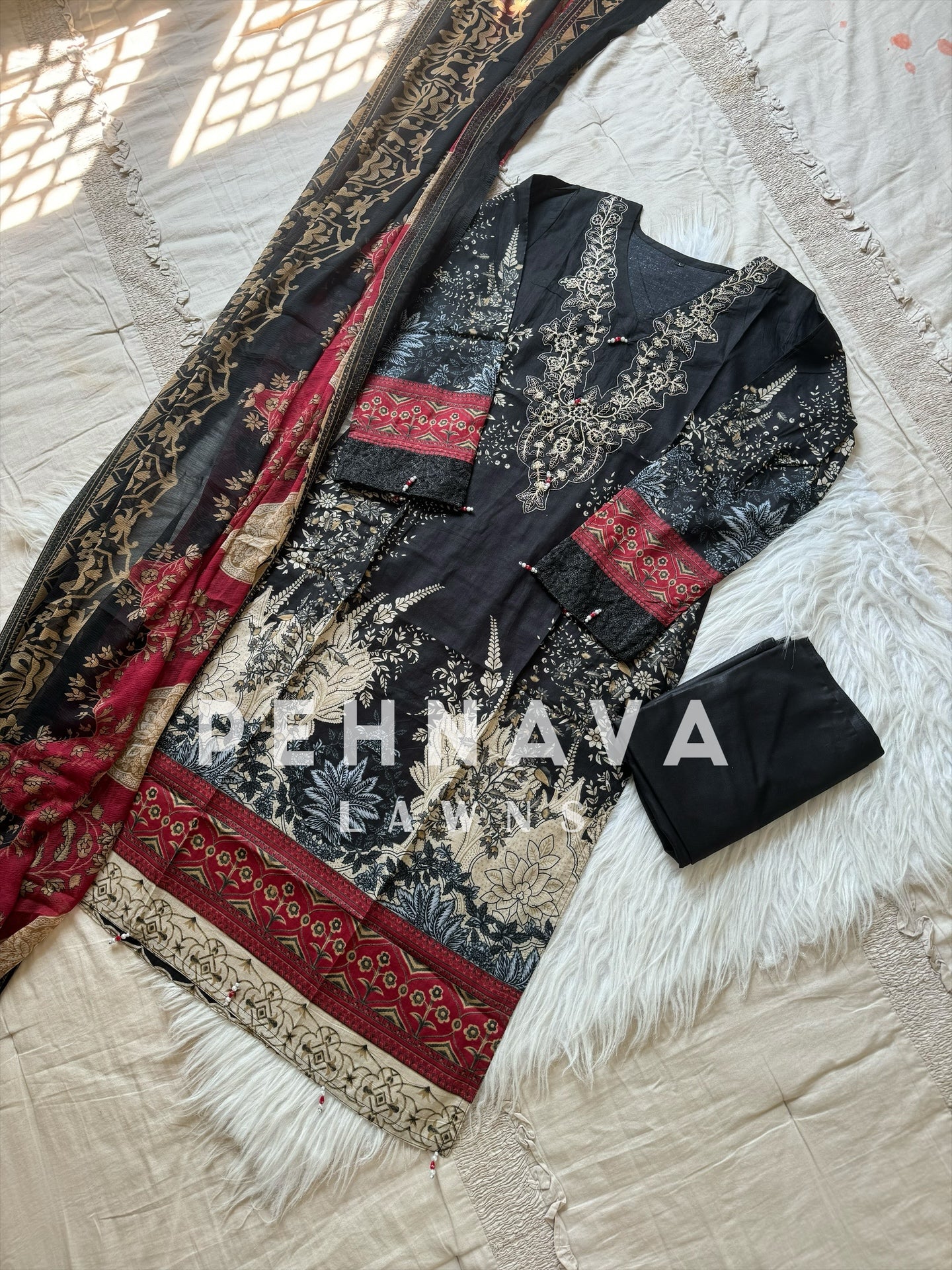 Printed cotton suit with chiffon dupatta-1004