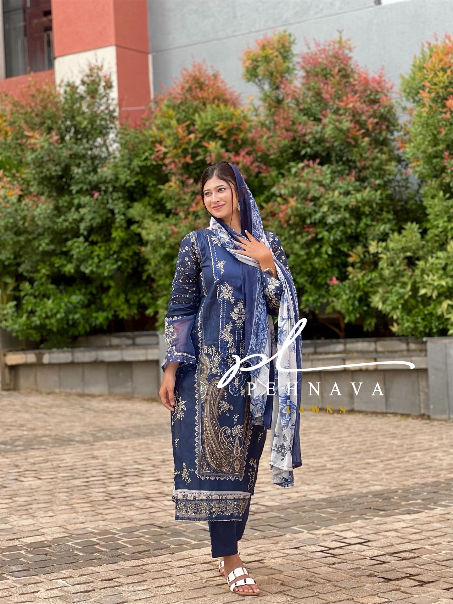 Navy blue Printed casual suit with chiffon dupatta -496