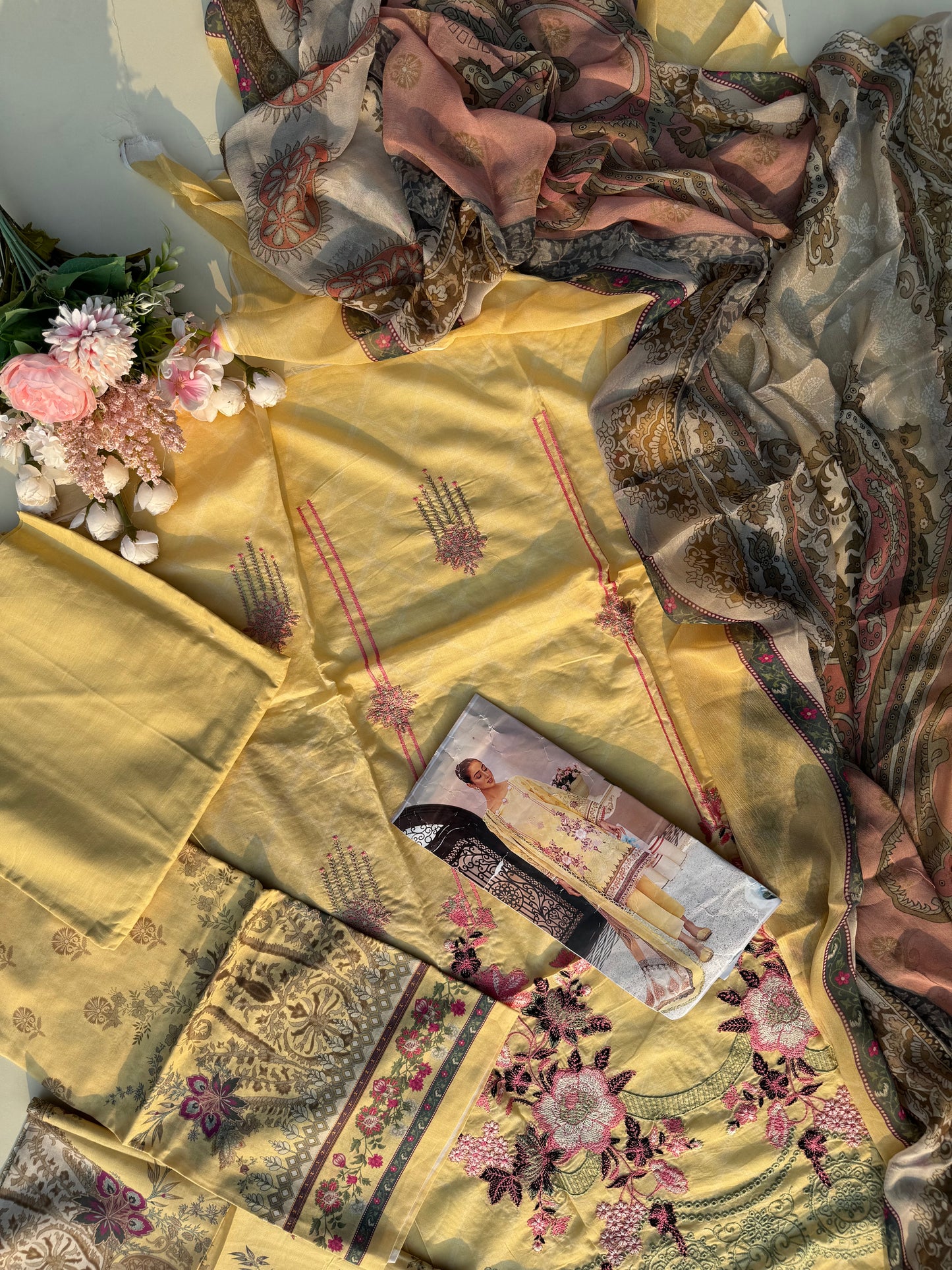 Pure lawn suit with full size chiffon dupatta-yellow