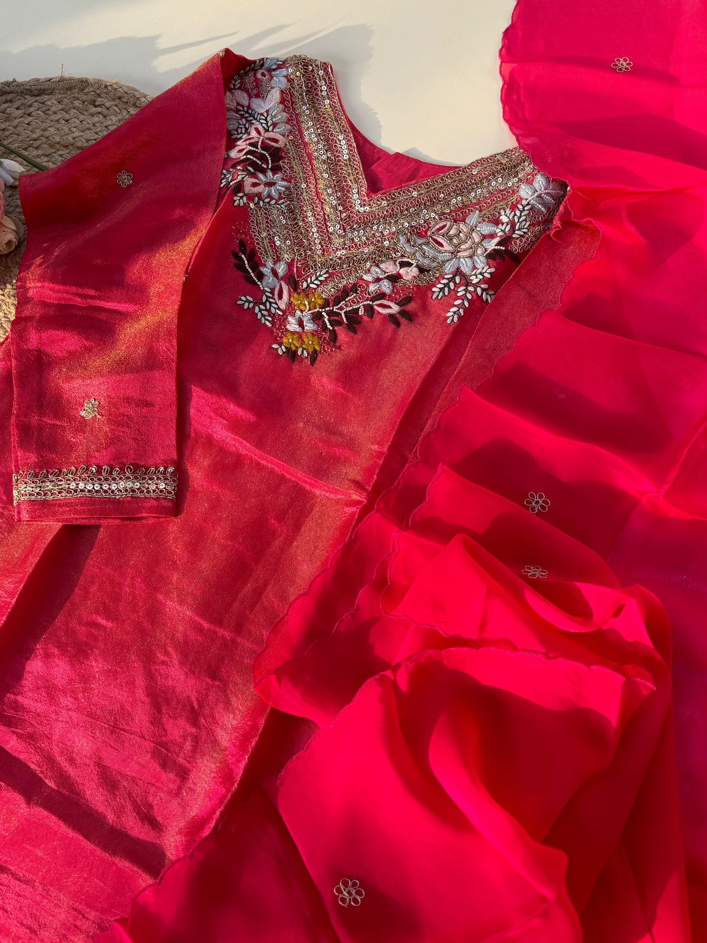 Tissue ready to wear suit with scalloped soft organza dupatta